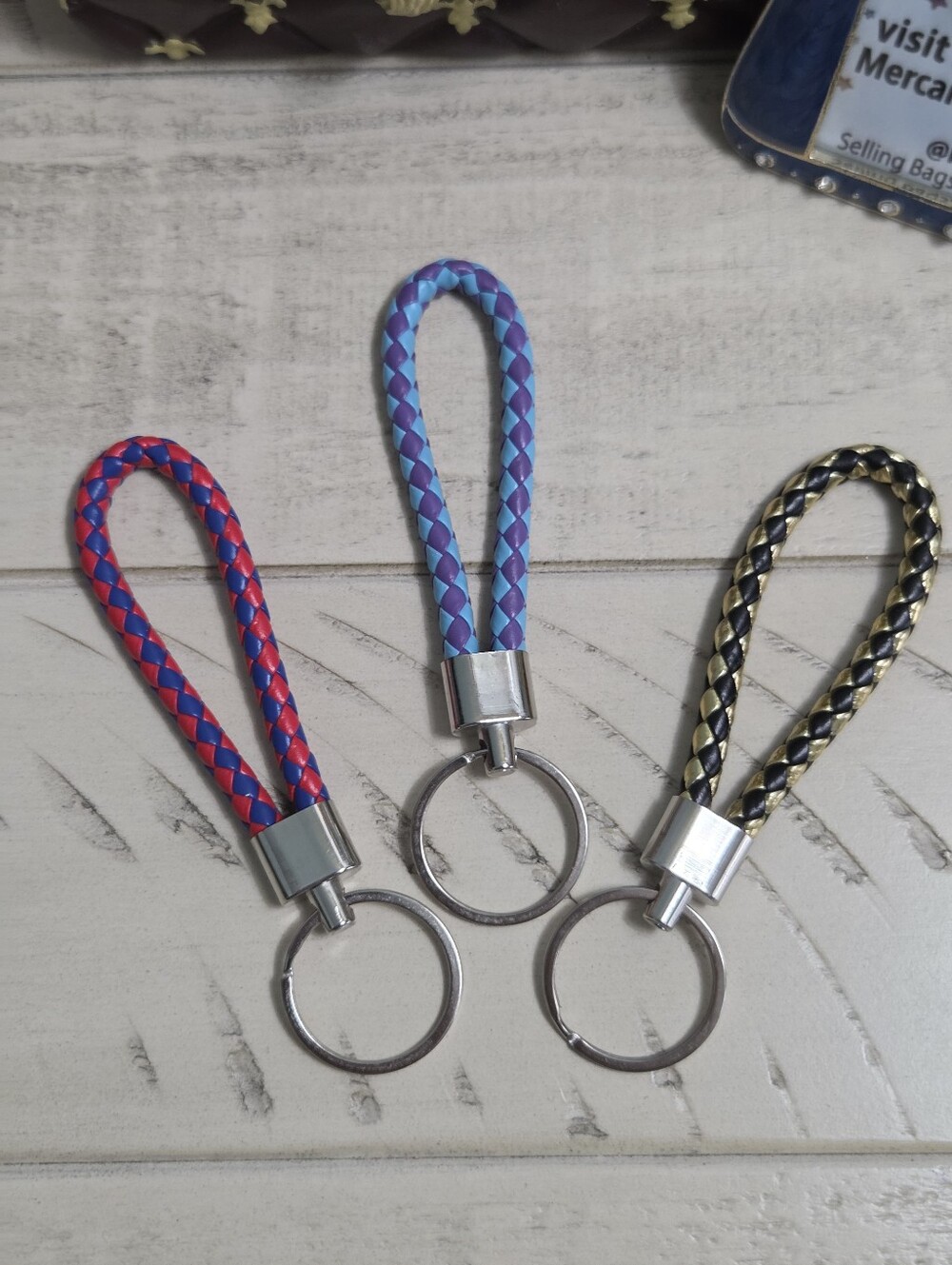 Set of 3 Braided PU Leather Loop Keychains Woven Key Rings Multi-Color Pack,NWOT